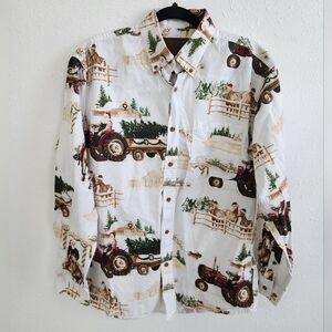 Clearwater Outfitters White Western Santa on a Tractor Print Christmas Horses M